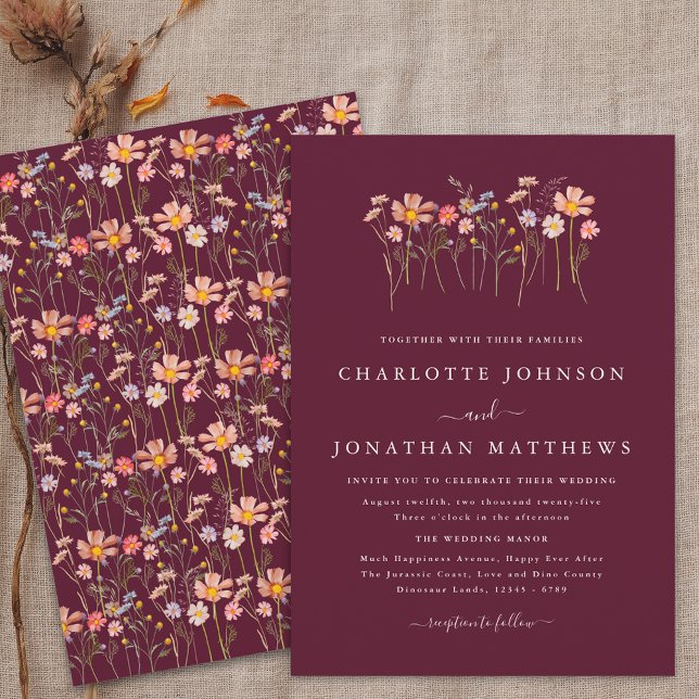 Invitación Boda Boho Fall Wildflower Borgoña y Terracotta (Boho fall wildflower burgundy terracotta wedding invitation watercolor floral modern elegant script )