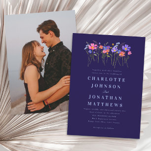 Invitación Boda Boho Flor Silvestre Azul Marino Rosa Foto