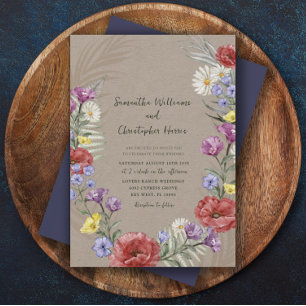 Invitación Boda Boho Flor Silvestre Kraft y Morado