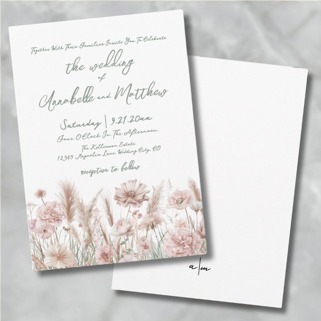 Invitación Boda Boho Flor Silvestre Rosa Sonrojo (Blush Pink Botanical Wildflowers Boho Wedding Invitation)