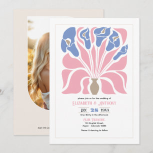 Invitación Boda Boho Floral Abstracta Rosa Pétalo/Azulacento