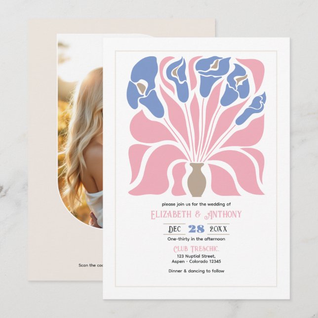 Invitación Boda Boho Floral Abstracta Rosa Pétalo/Azulacento (Anverso / Reverso)