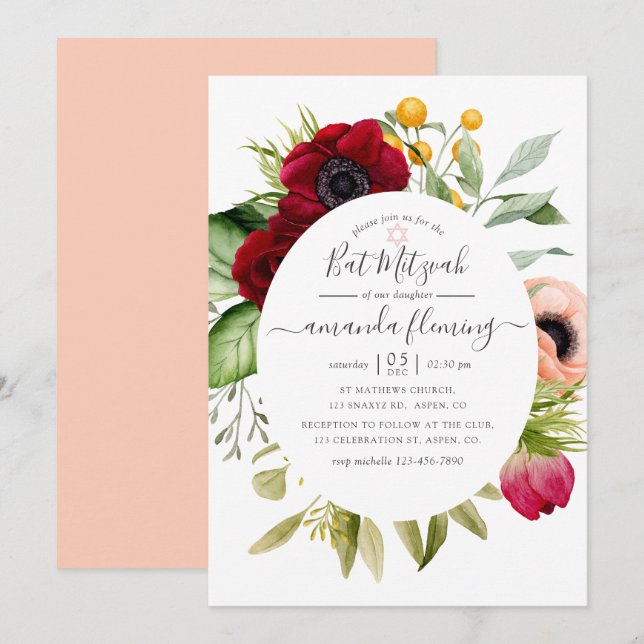 Invitación Boda Boho Floral Bat Mitzvah acuarela (Anverso / Reverso)