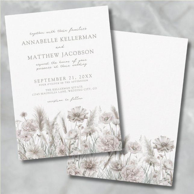 Invitación Boda Boho Floral Blanca Botánica Elegante (Elegant Botanical Pampas Floral Boho Wedding Invitation)