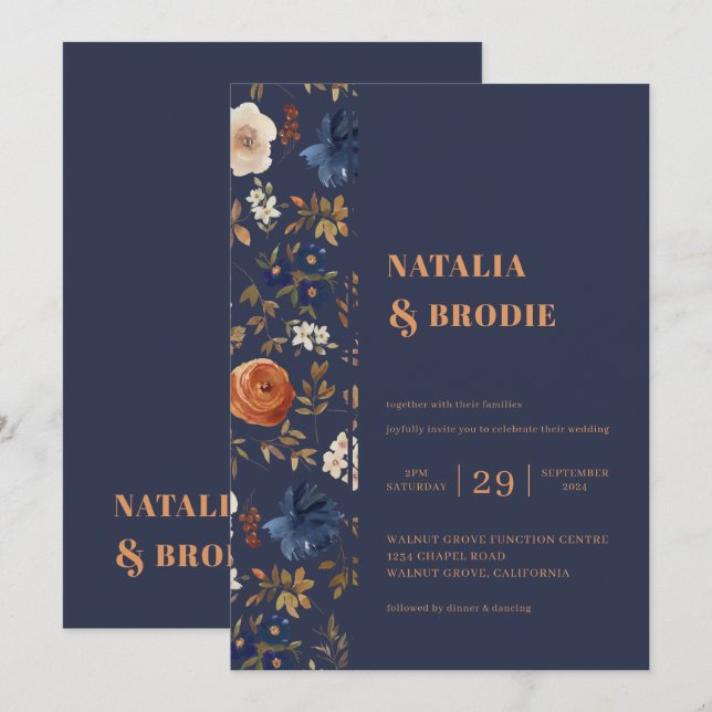 Invitación Boda Boho Floral Blue Rust (Anverso / Reverso)