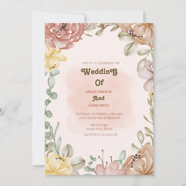Invitación boda BOHO FLORAL de color agua elegante (Anverso)