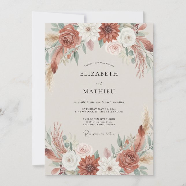 Invitación Boda Boho Floral de Terracota (Anverso)