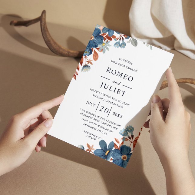 Invitación Boda Boho Floral de Terracota Azul Marino (Subido por el creador)