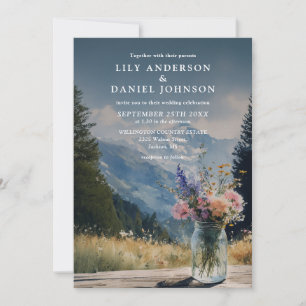 Invitación Boda Boho Floral Montaña Acuarela en Tarro de Maso