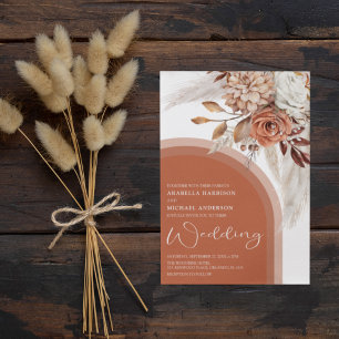 Invitación Boda Boho Floral Naranja Quemada y Hierba Pampas 