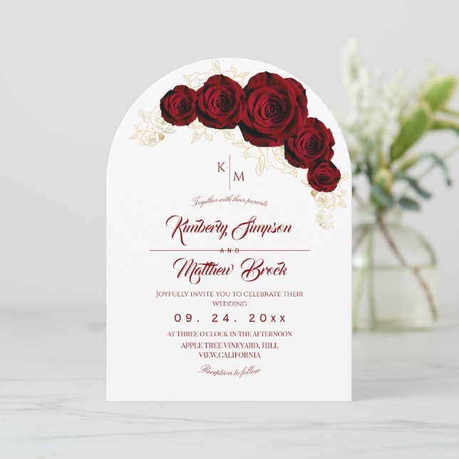 Invitación Boda Boho Floral Rosa Borgoña y Dorado (Anverso de pie)