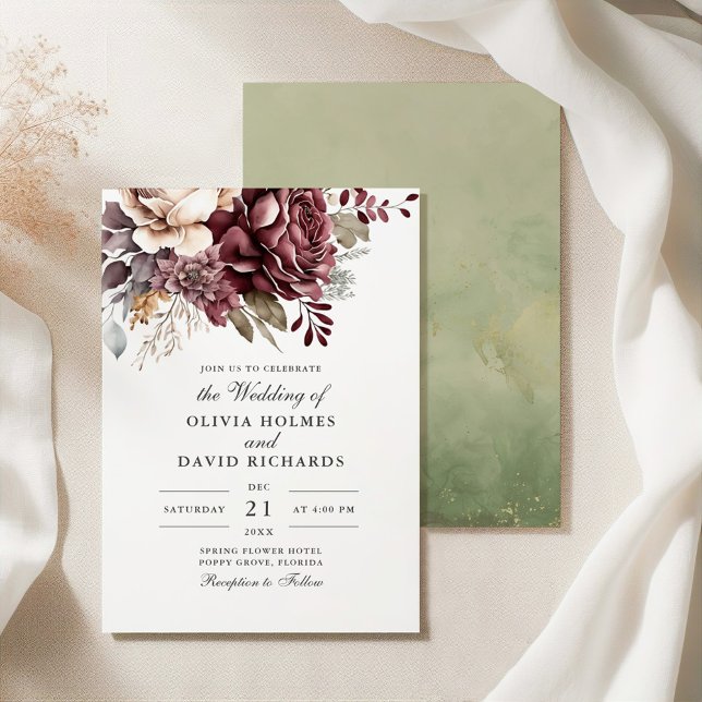 Invitación Boda Boho Floral Rosa Polvo y Borgoña (Dusty Rose and Burgundy Floral Boho Wedding Invitation on a silk tablecloth)