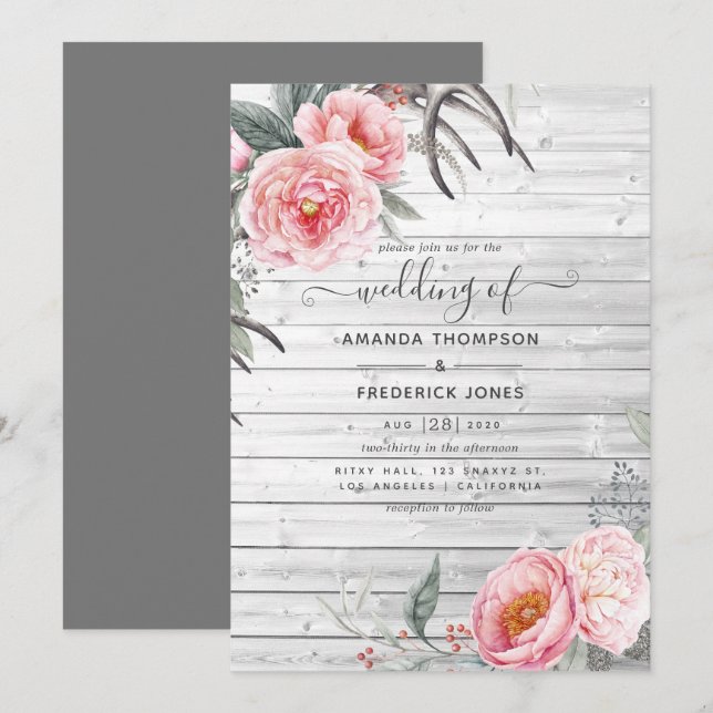 Invitación Boda boho floral rústica pastel rosa y gris (Anverso / Reverso)