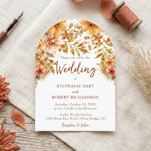 Invitación Boda Boho Floral Terracota Otoño Brillo Dorado