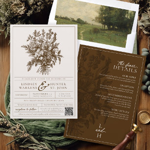 Invitación Boda Boho Floral Vintage Marrón y Marfil Todo en U