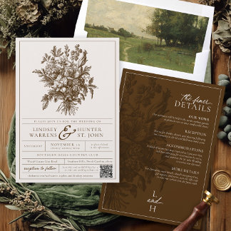 Invitación Boda Boho Floral Vintage Marrón y Marfil Todo en U
