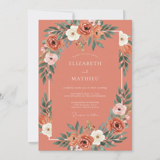 Invitación Boda Boho floreciente de terracota (Anverso)