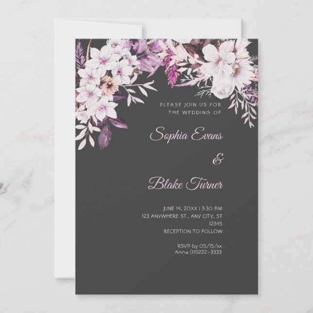 Invitación Boda Boho Flores Blancas Sombra Gris Invierno (Anverso)