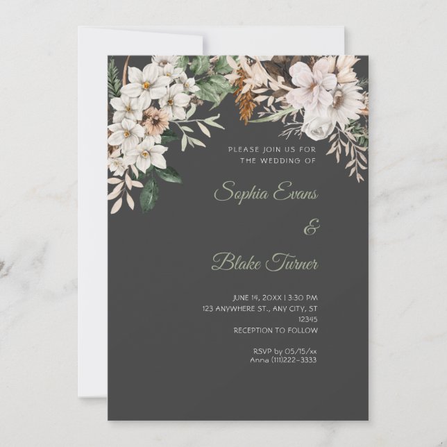 Invitación Boda Boho Flores Blancas Sombra Gris Invierno (Anverso)