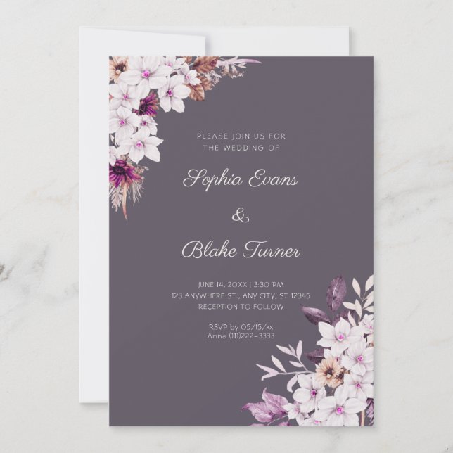 Invitación Boda Boho Flores Rosadas Blancas Rústicas Humo Gri (Anverso)