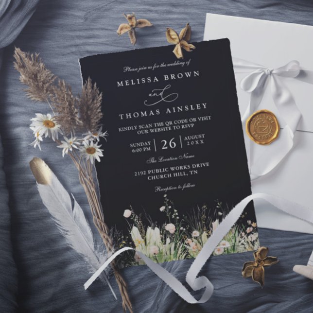 Invitación Boda boho flores silvestres código QR negro elegan (Subido por el creador)