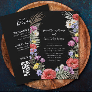 Invitación Boda Boho Flores Silvestres Negras Todo en Uno