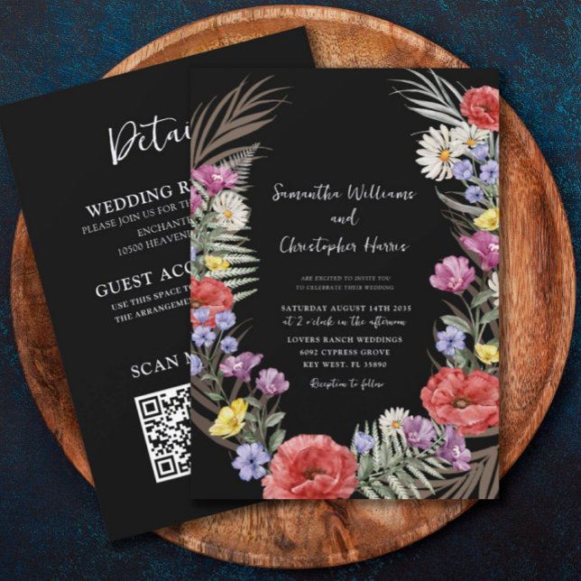 Invitación Boda Boho Flores Silvestres Negras Todo en Uno (Subido por el creador)