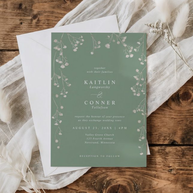Invitación Boda Boho Flores Silvestres Salvia Verde Baby's Br (Sage green wedding invite with watercolor baby’s breath and botanical monogram wreath)