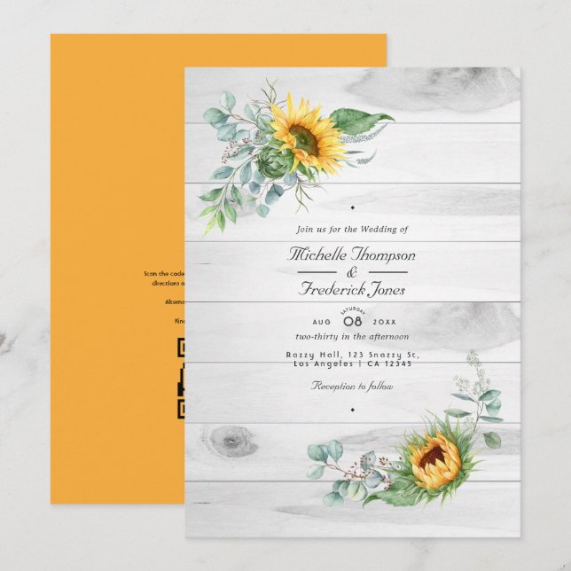 Invitación Boda Boho Girasol Eucalipto Código QR RSVP (Anverso / Reverso)