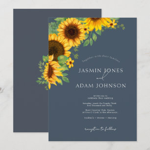 Invitación Boda Boho Girasoles Azul Pizarra