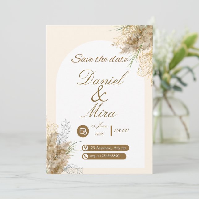 Invitación Boda Boho Gold Pampas Arco Totalmente Editable  (Anverso de pie)