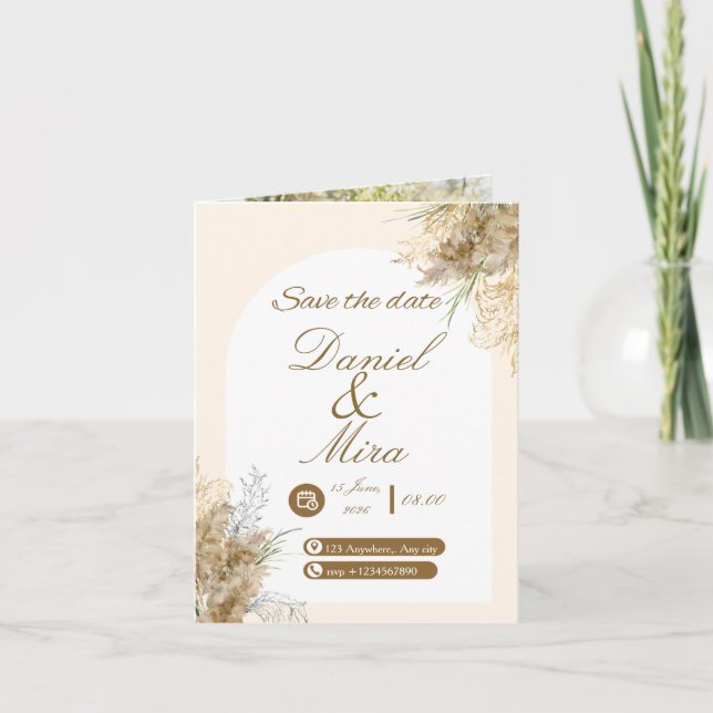 Invitación Boda Boho Gold Pampas Arco Totalmente Editable  (Anverso)