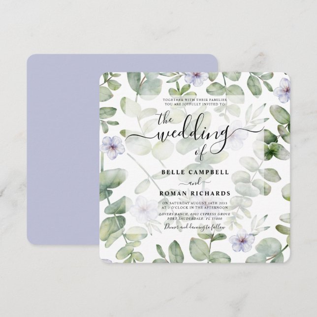 Invitación Boda Boho Green Eucalyptus y Purple Floral (Anverso / Reverso)