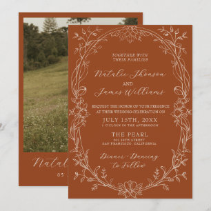 Invitación Boda Boho Herbal Floral Terracota Naranja Quemada