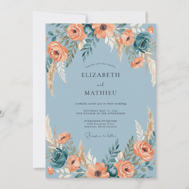 Invitación Boda Boho Impresionante de Azul Acero (Anverso)