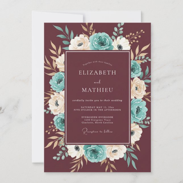 Invitación Boda Boho Intrincada Granate (Anverso)