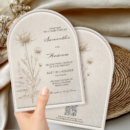 Invitación Boda Boho Marfil Pampas Arco con Código QR RSVP