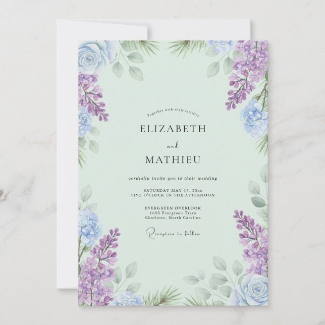 Invitación Boda Boho Menta Wisteria Violeta (Anverso)