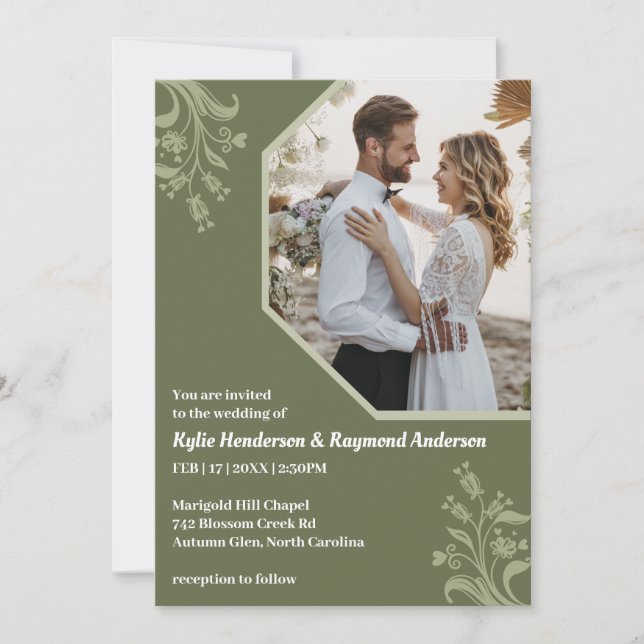 Invitación Boda Boho Minimalista Floral Dark Lime (Anverso)