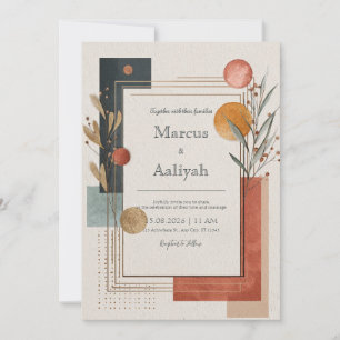 Invitación Boda Boho Moderna Geométrica de Terracota Dorada