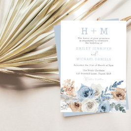Invitación Boda Boho Monograma Azul Polvo