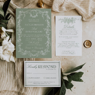Invitación Boda Boho Monograma de Jardín Bosque Verde Salvia