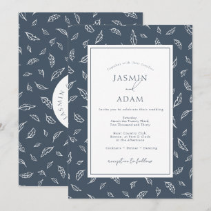 Invitación Boda Boho Monograma Hoja Azul Pizarra
