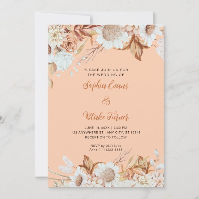 Invitación Boda Boho Naranja Flores Blancas Marrón Rústico (Anverso)