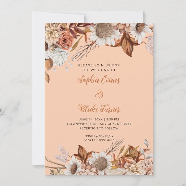 Invitación Boda Boho Naranja Flores Blancas Marrón Rústico (Anverso)