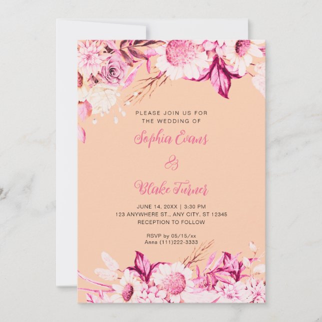 Invitación Boda Boho Naranja Flores Rosadas y Blancas (Anverso)