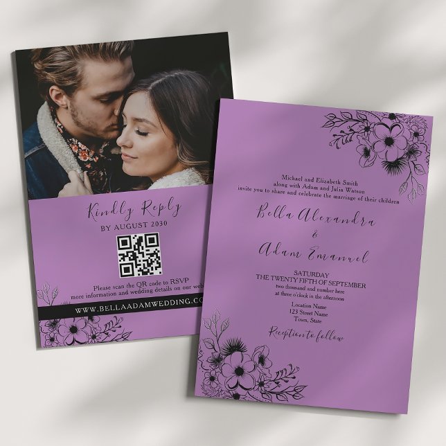 Invitación Boda Boho Negra y Morada Todo en Uno (Subido por el creador)