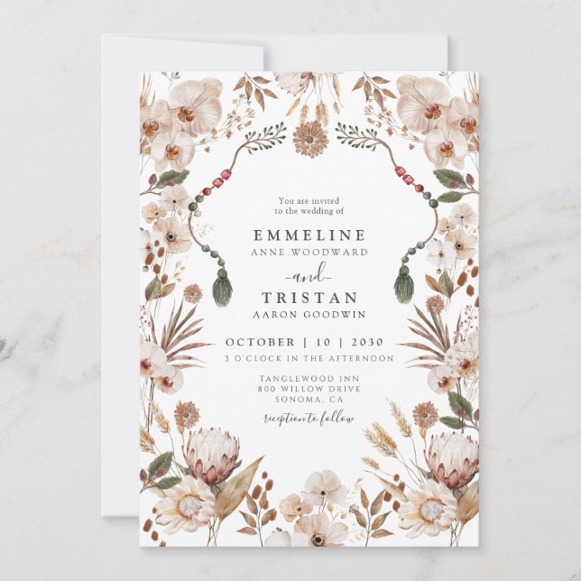 Invitación Boda Boho Neutral Flores Silvestres (Anverso)