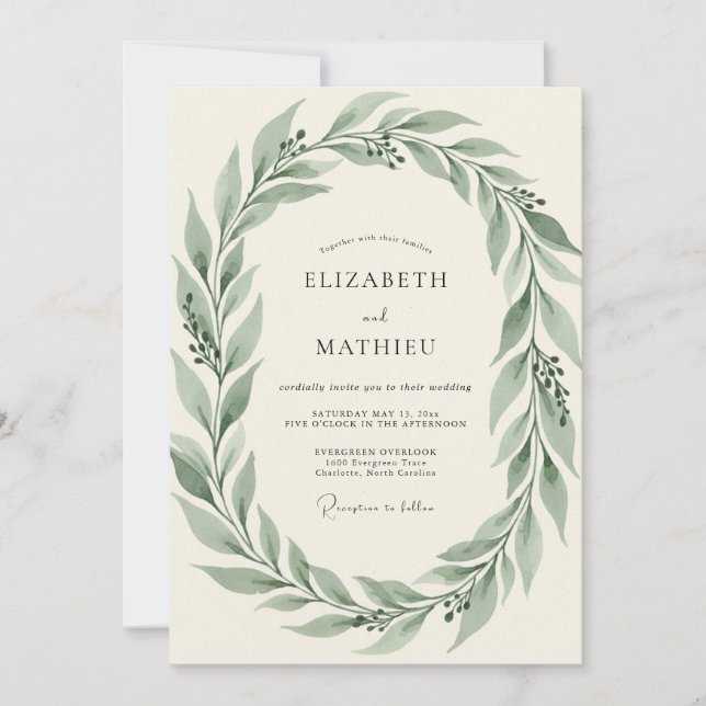 Invitación Boda Boho Oliva Muted con Hojas (Anverso)