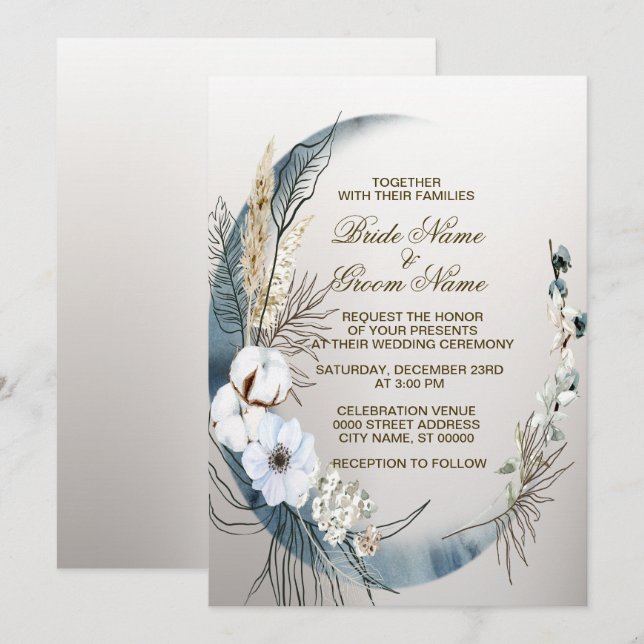 Invitación Boda Boho Orquídea Blanca Fiesta de la Luna Azul (Anverso / Reverso)